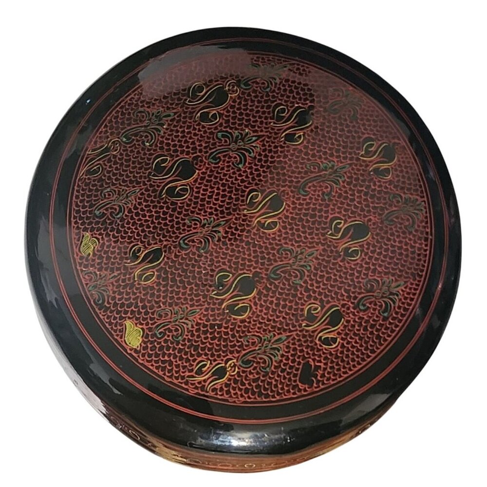 Burmese Japanese Round Lacquer Box With Red & Black Hand-Painted Design